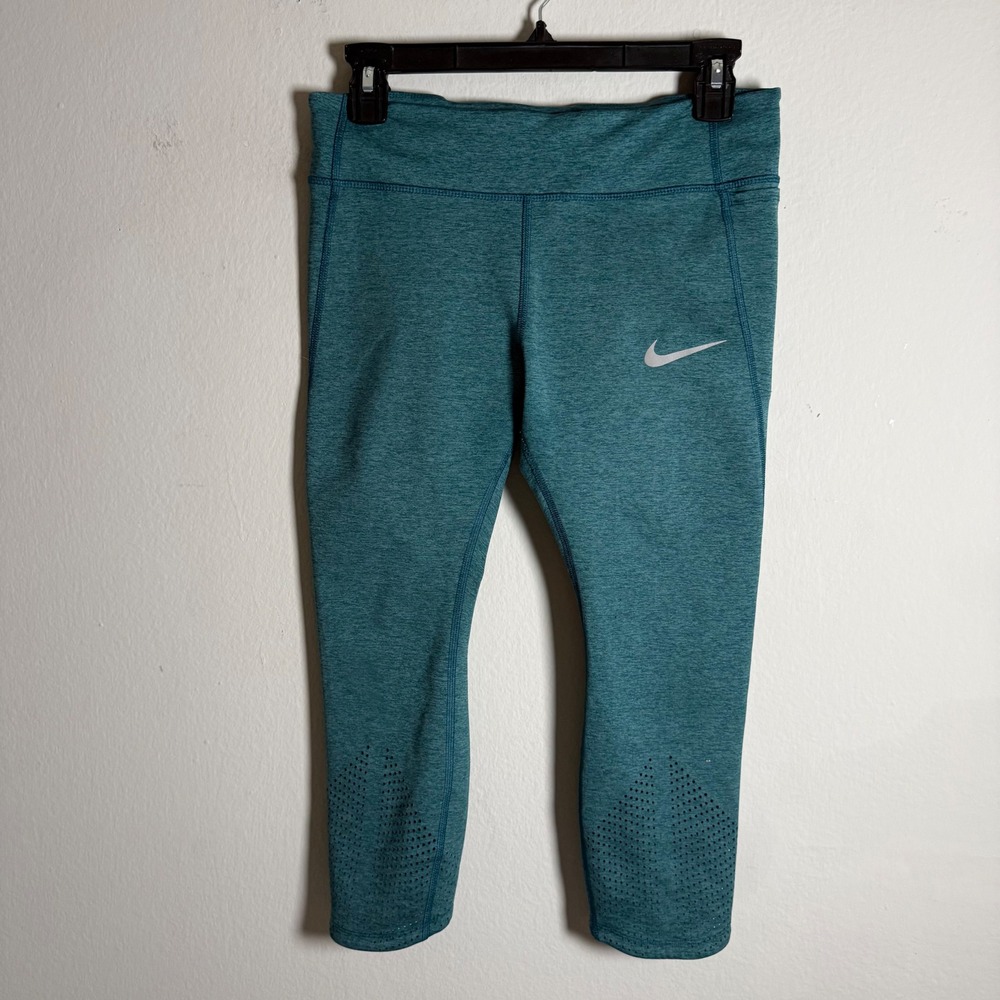 Nike Womens Dri-FIT Cropped Leggings Teal Heathered Running Tights Large